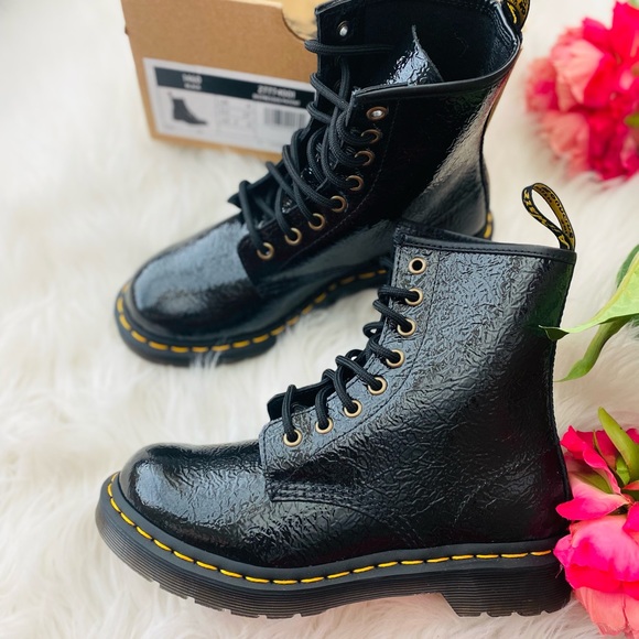 Dr. Martens 1460 Distressed Patent Black Lace Up Boots - Picture 3 of 12